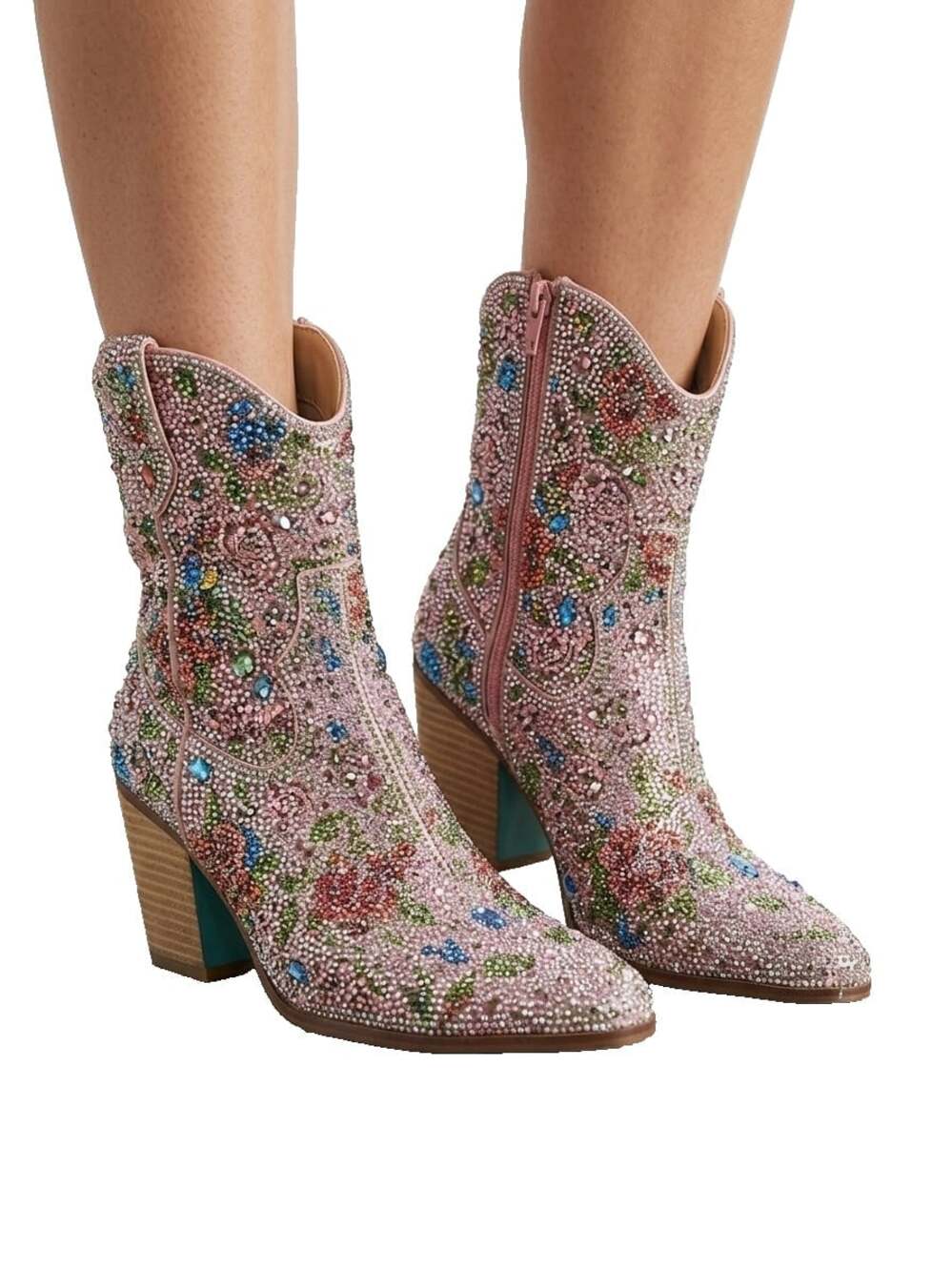 Betsey Johnson Diva Rhinestone Floral Cowboy Ankle Boots 8.5 M Sparkle Booties